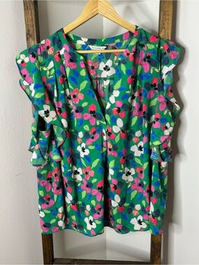 Zac & Rachel Green Floral Ruffle Sleeve Women's Top Size 2X